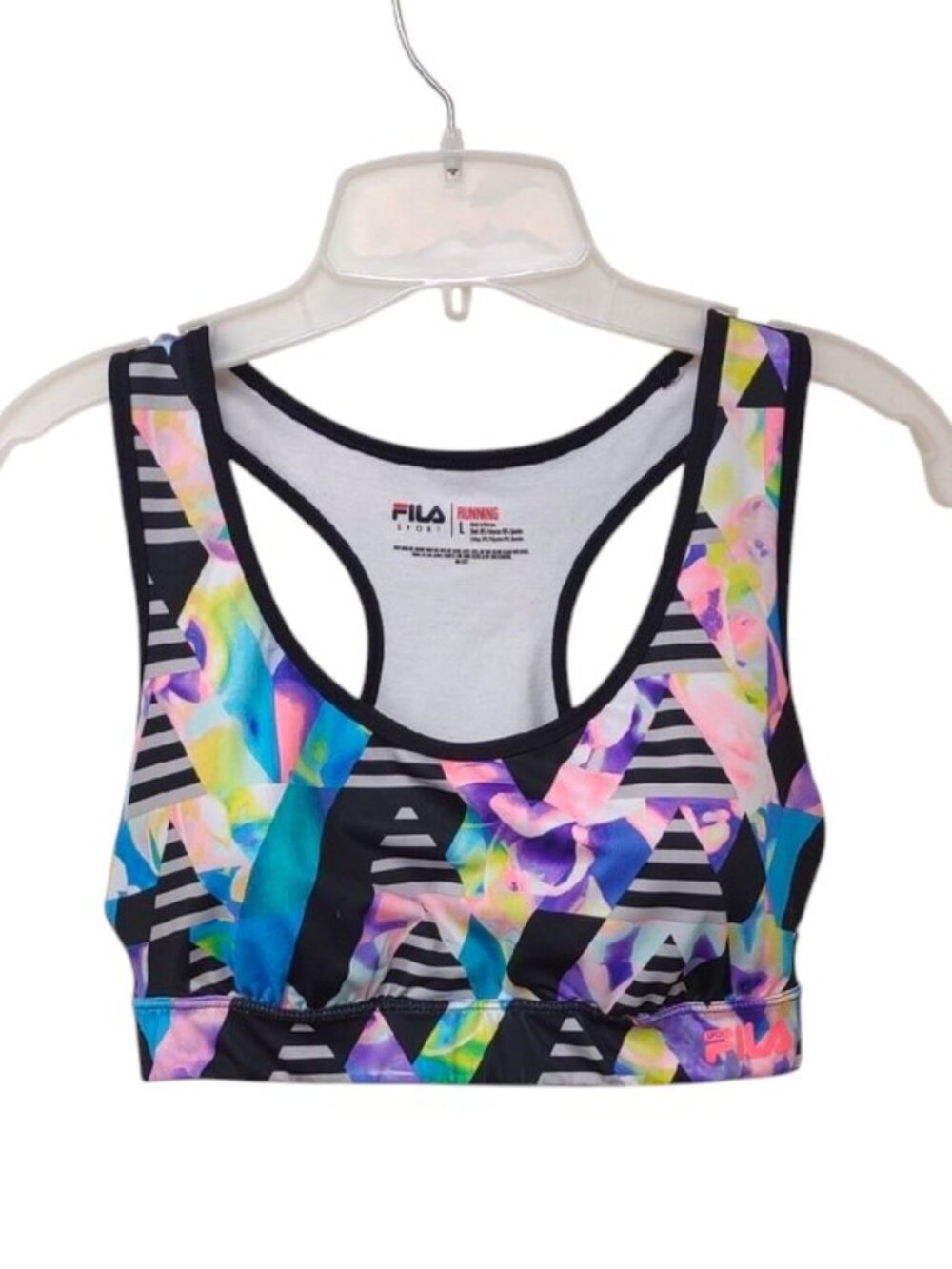 FILA SPORT Running Racerback Sports Bra Abstract Tie-Dye Floral Striped Accents